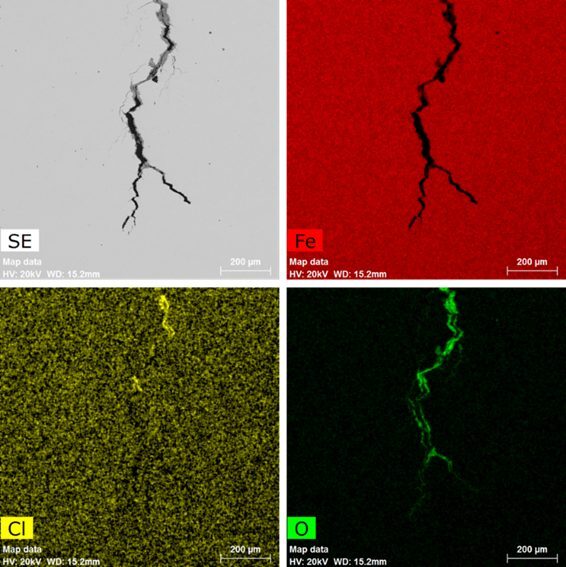 EDS maps showing compositional differences observed along the crack length.